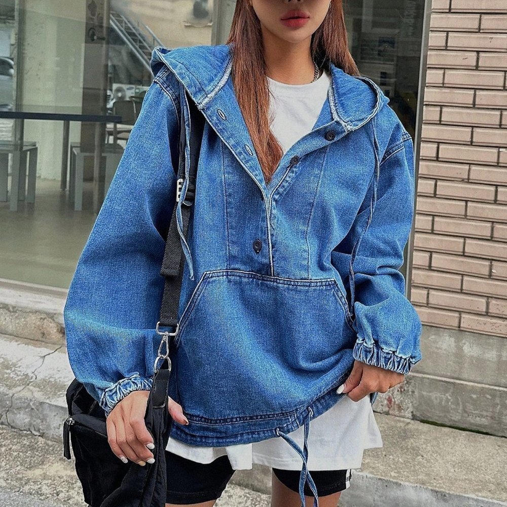 Blue Preppy Womens Half Button Drawstring Hem Hooded Denim Jacket